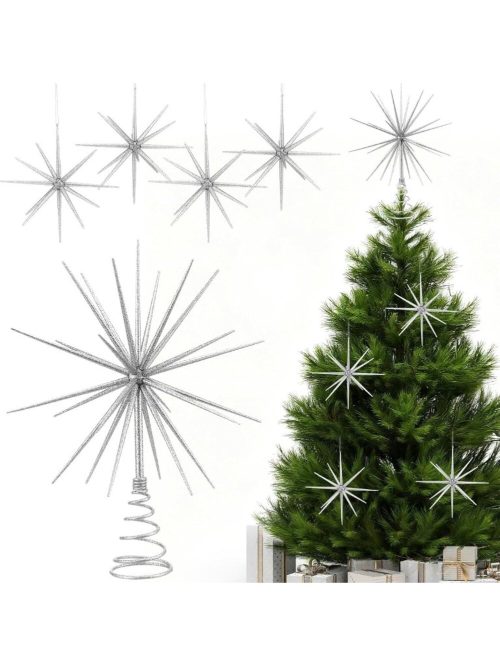 Glitter Starburst Christmas Ornaments - 5 Pcs Silver Holiday Decor